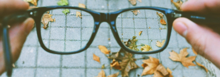 A person holding their glasses, looking down at them. There are leaves on the ground.